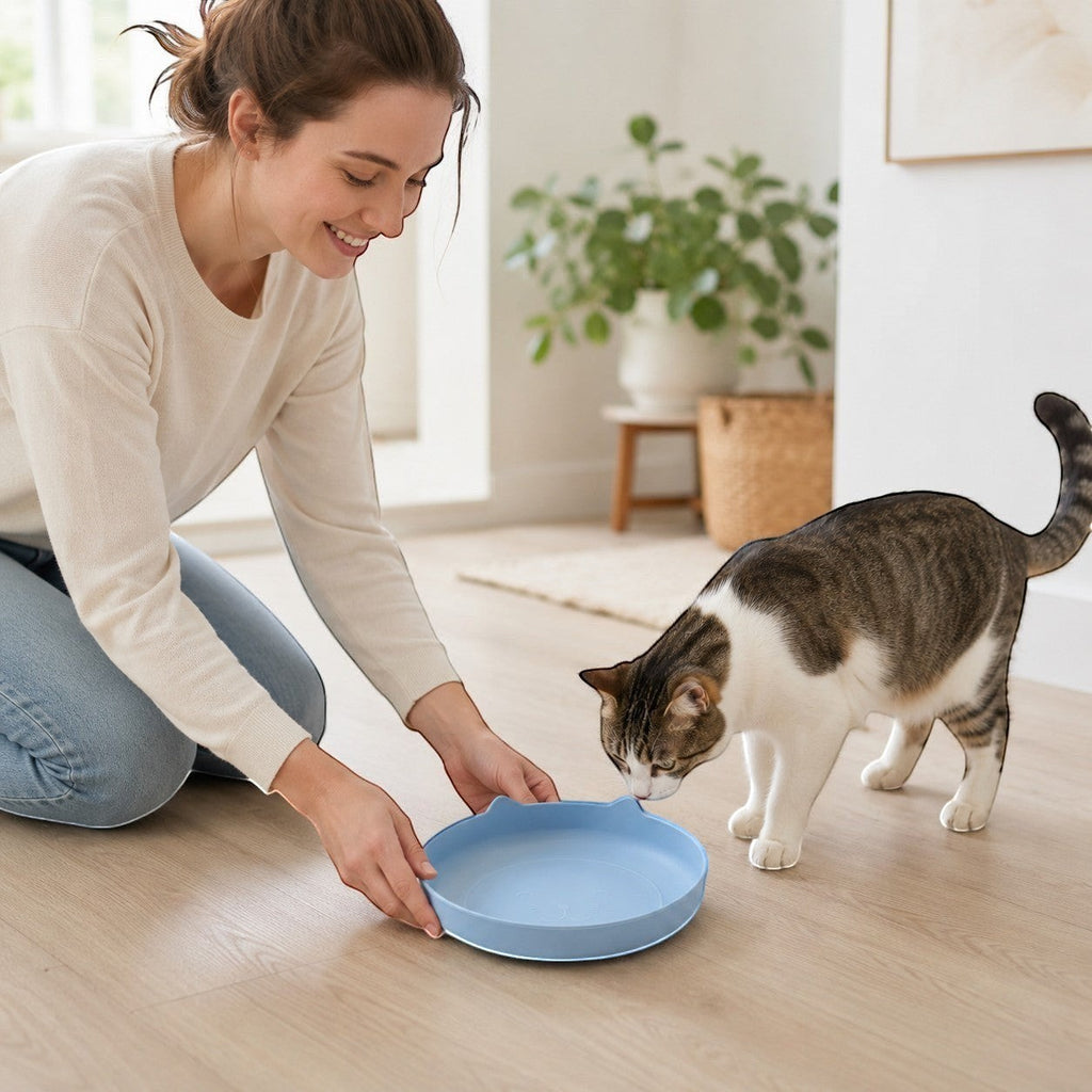 Tap2Own light blue cat-shaped pet food and water bowl with cat ears and etched face, shallow design for cats.