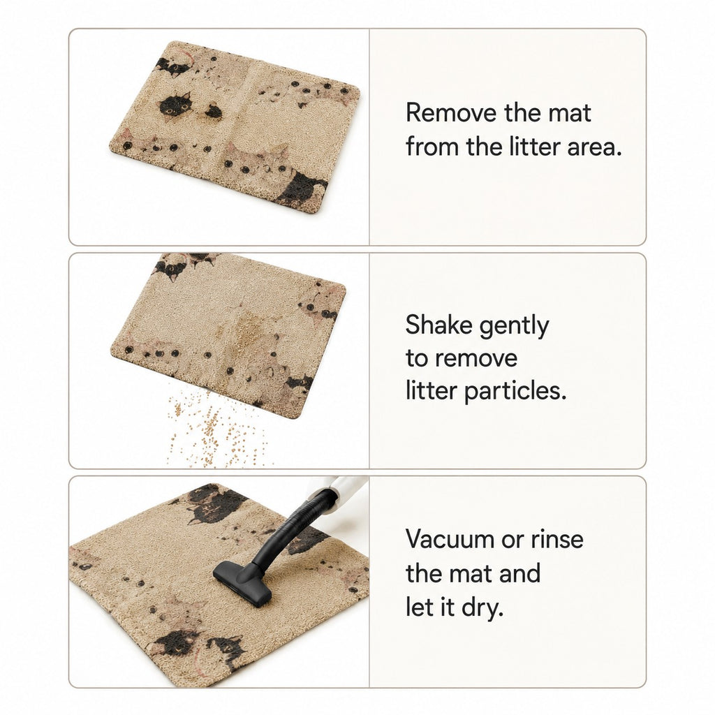 Tap2Own beige cat litter trapping doormat with a cute cat face pattern, textured surface to catch litter.