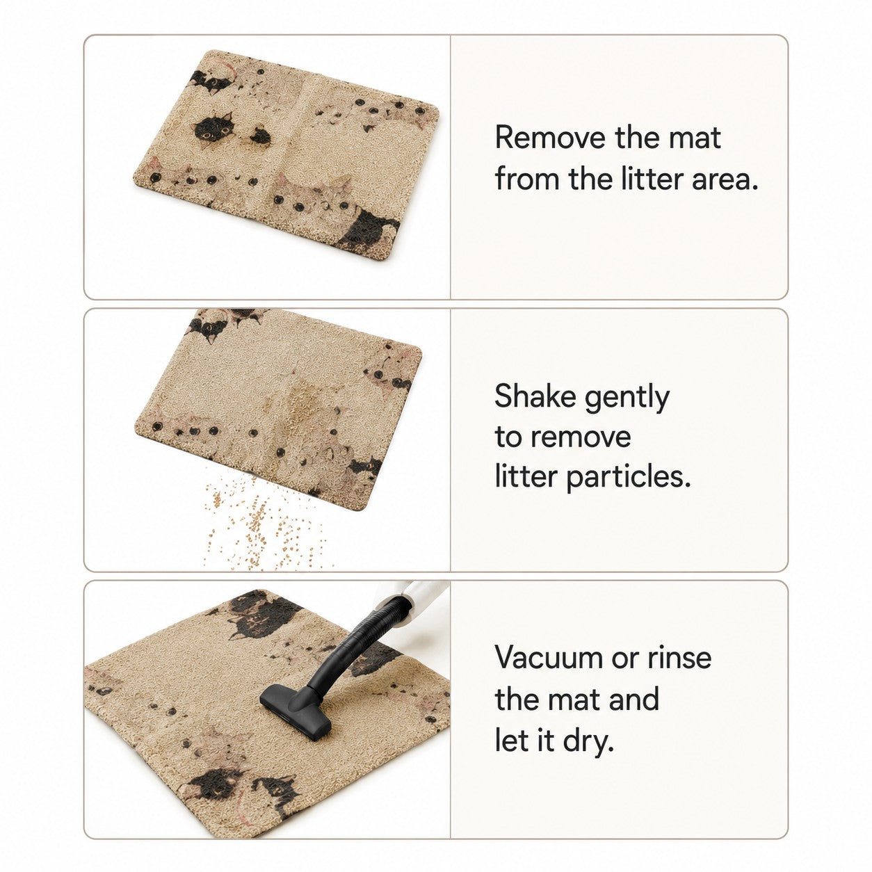 Tap2Own beige cat litter trapping doormat with a cute cat face pattern, textured surface to catch litter.