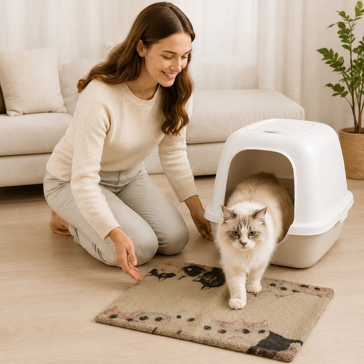 Tap2Own beige cat litter trapping doormat with a cute cat face pattern, designed to catch litter.
