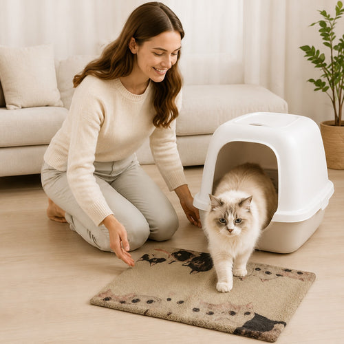 Tap2Own beige cat litter trapping doormat with a cute cat face pattern, designed to catch litter.