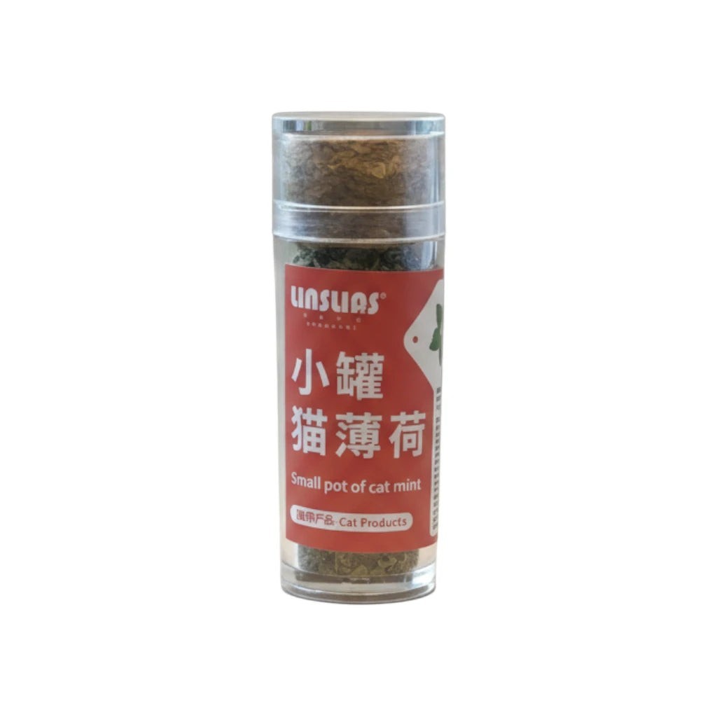 Tap2Own Unsluas small pot of cat mint for feline enrichment, dried green herb in clear plastic container with red label.