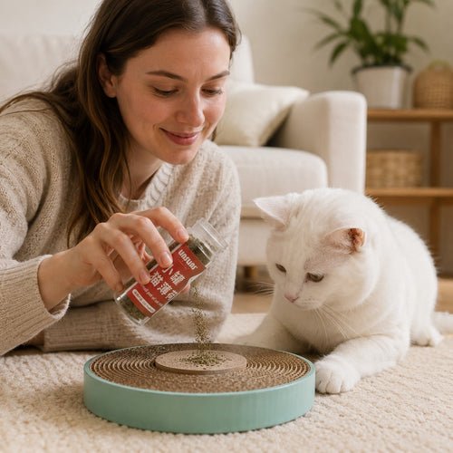 Tap2Own woman pouring cat mint from a small pot onto a scratching toy for a white cat.