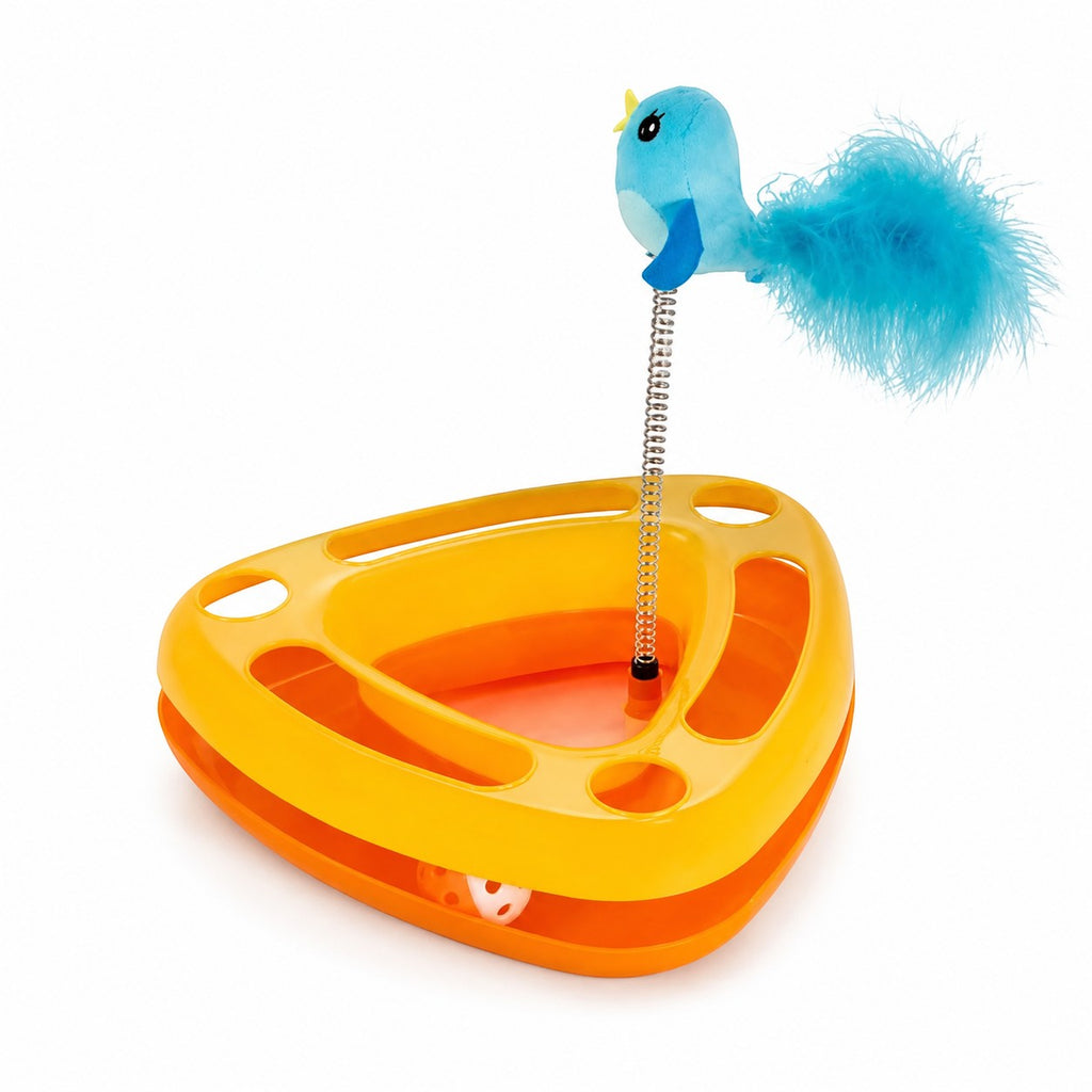 Tap2Own interactive cat toy with blue bird on spring and orange track base with balls