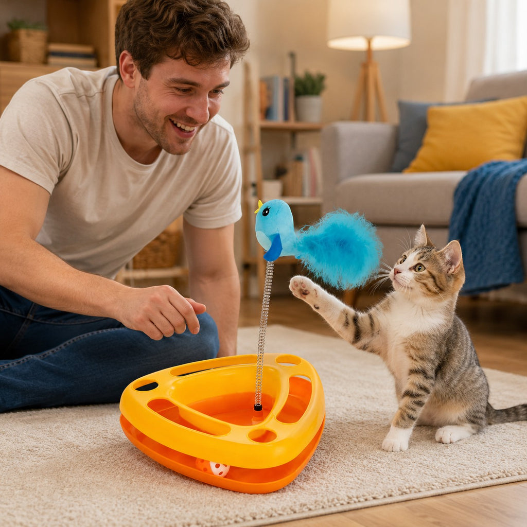 Tap2Own interactive cat toy with blue bird and balls in orange base, played with by a kitten and owner.