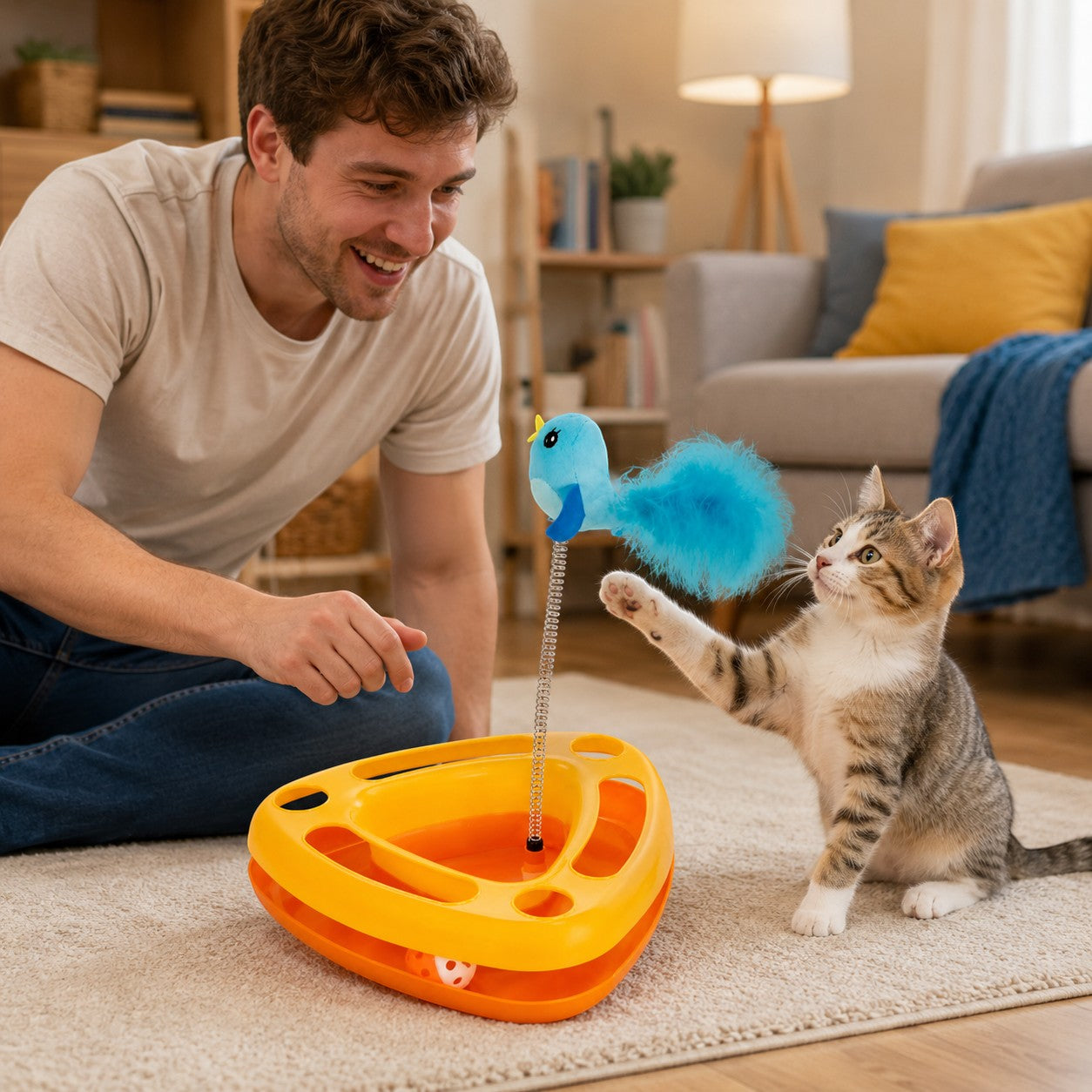 Tap2Own interactive cat toy with blue bird and balls in orange base, played with by a kitten and owner.