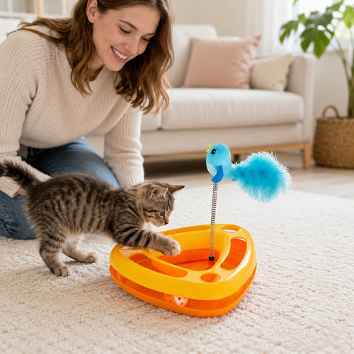 Tap2Own interactive cat toy with blue bird on spring and orange base with rolling balls, a kitten plays with it.