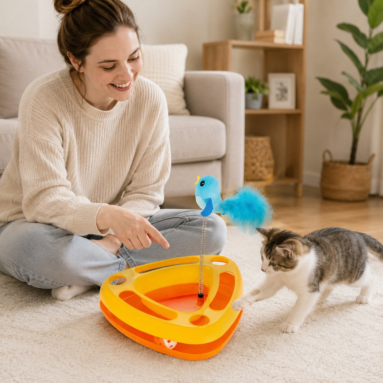 Tap2Own interactive cat toy with blue bird and balls on orange base, with a woman and kitten playing.