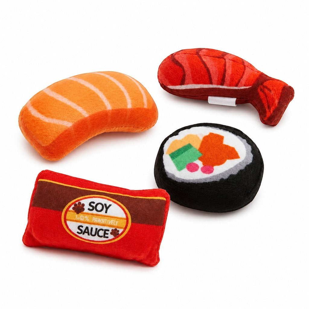 Tap2Own Greenbrier Kennel Club plush cat toys shaped like sushi: salmon nigiri, shrimp tempura, California roll, and soy sauce packet.