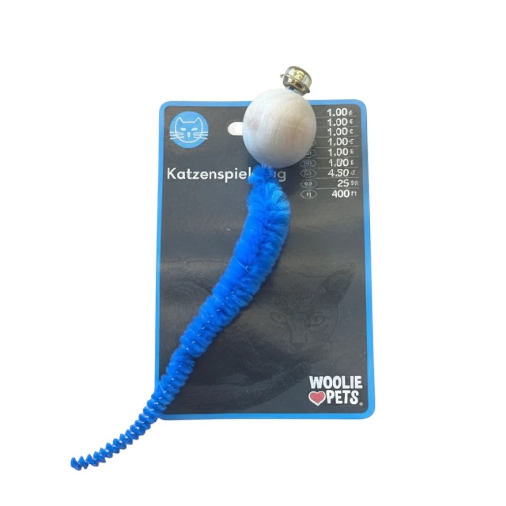 Tap2Own blue chenille tail cat wand toy with wooden ball and bell for interactive play