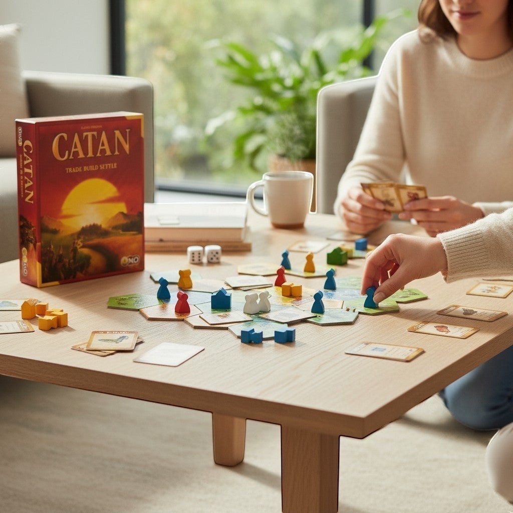 Tap2Own Catan Trade Build Settle board game box and pieces on a wooden table with people playing.