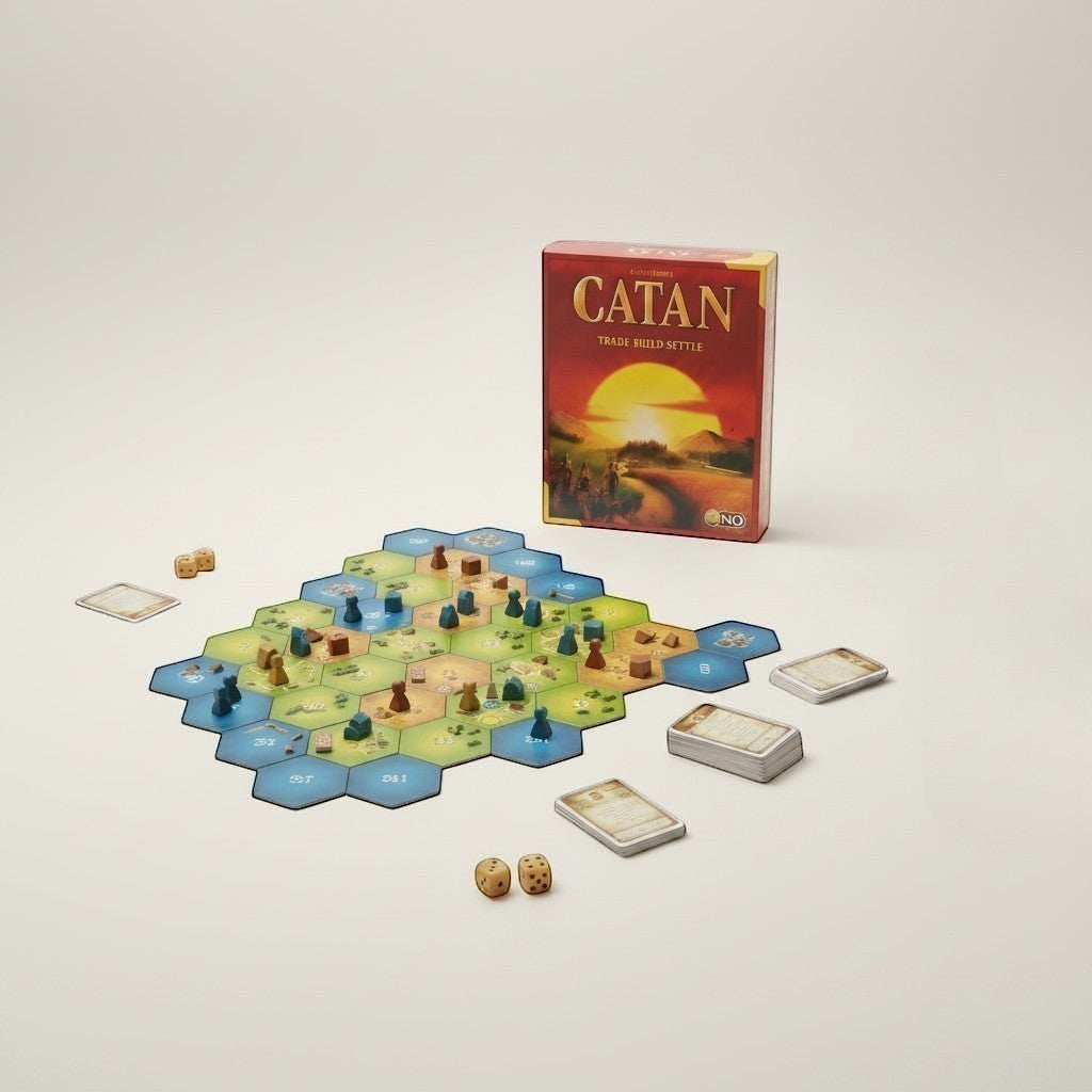 Tap2Own Catan Trade Build Settle board game set up with hexagonal tiles, wooden pieces, dice, and cards on a white background.