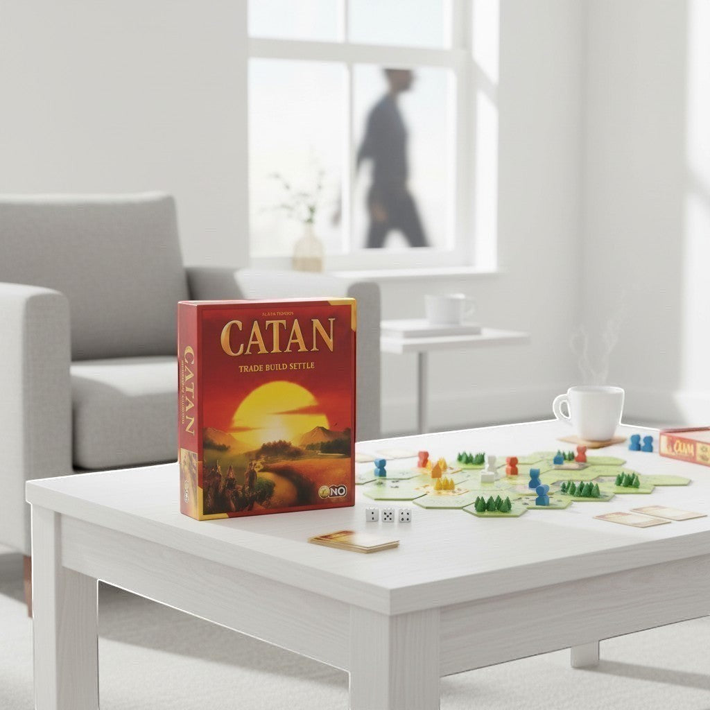 Tap2Own Catan Trade Build Settle board game box and playing pieces on a coffee table. Strategy game for 3-4 players, ages 10+.