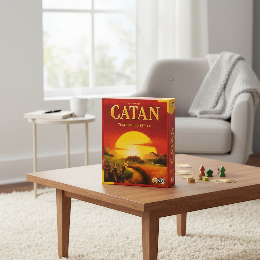 Tap2Own Catan Trade Build Settle board game box with a vibrant sunset scene, set on a wooden coffee table with game pieces.