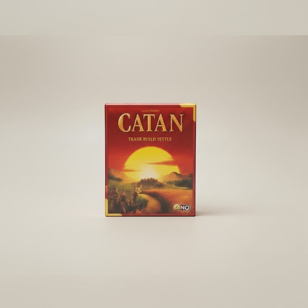 Tap2Own Catan Trade Build Settle board game box featuring a sunset over a landscape with settlers.