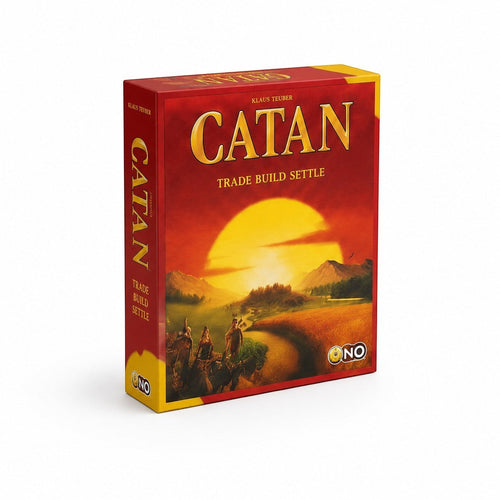 Tap2Own Catan Trade Build Settle board game box featuring a vibrant sunset over a landscape with mountains and fields, and figures in the foreground.