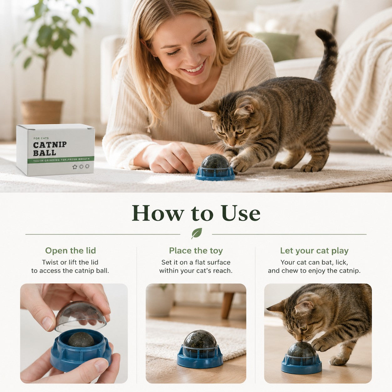 Tap2Own catnip ball teeth grinding toy for cats, blue base with clear lid, cat playing with toy
