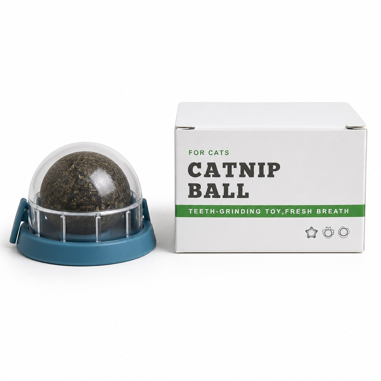 Tap2Own catnip ball teeth grinding toy for cats, with a clear dome and blue base.