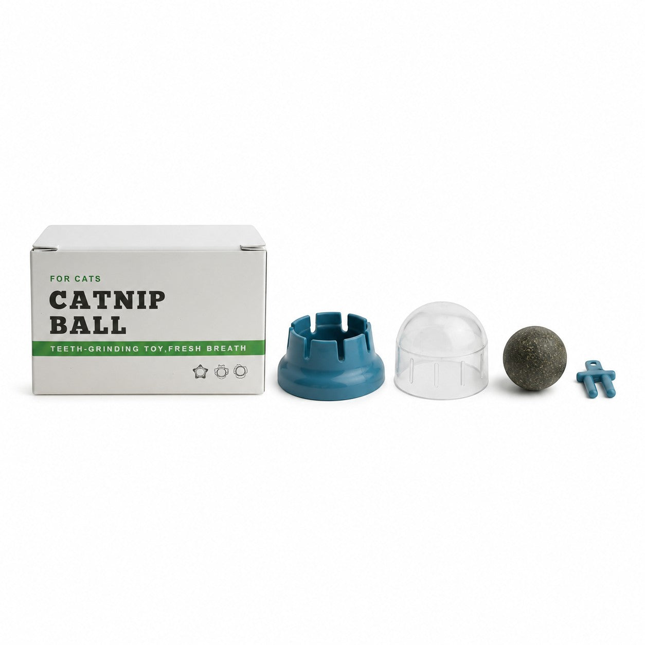 Tap2Own catnip ball teeth grinding toy for cats, includes blue base, clear dome, and catnip ball.
