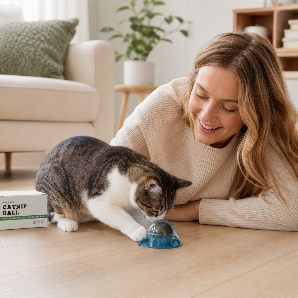 Tap2Own catnip ball toy for cats, a clear dome with a catnip ball inside on a blue base, being played with by a tabby cat.