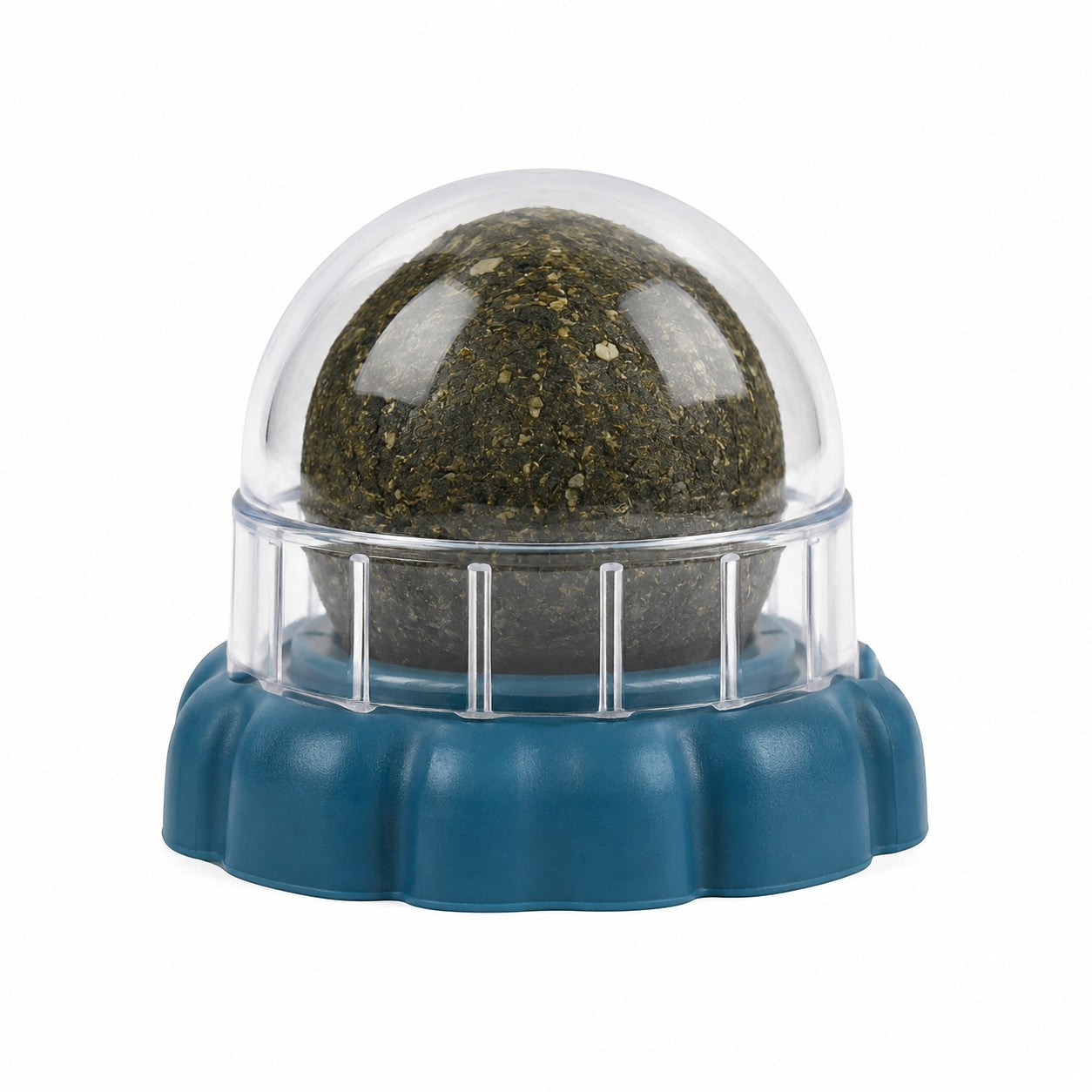 Tap2Own catnip ball teeth grinding toy for cats, made of natural catnip and plant extracts, with a clear dome and blue base.