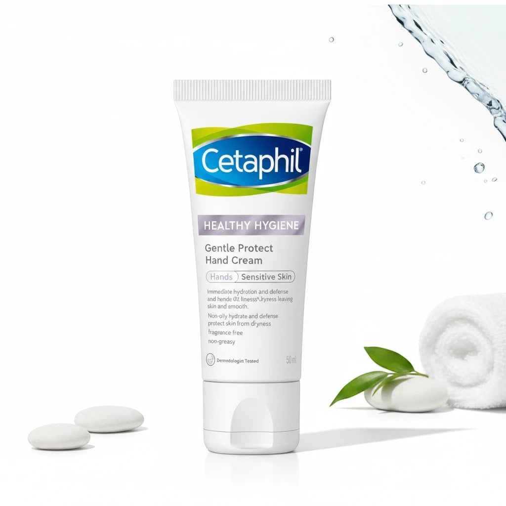 Tap2Own Cetaphil Gentle Protect Hand Cream for sensitive skin in a 50ml tube with white stones and a towel.