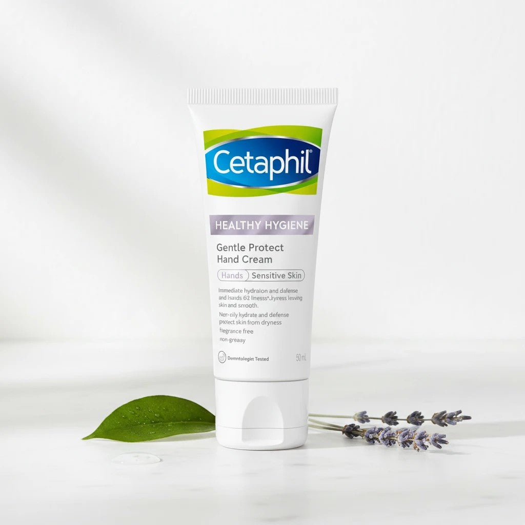 Tap2Own Cetaphil Gentle Protect Hand Cream for sensitive skin in a 50ml white squeeze tube on a marble surface.