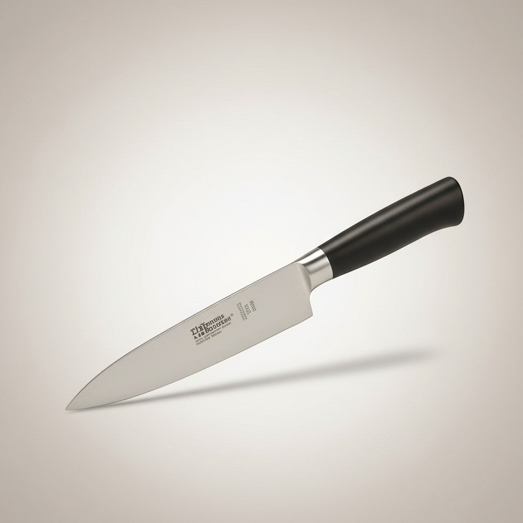 Tap2Own stainless steel chef's knife with black ergonomic handle and included sharpener. Ideal for kitchen prep.