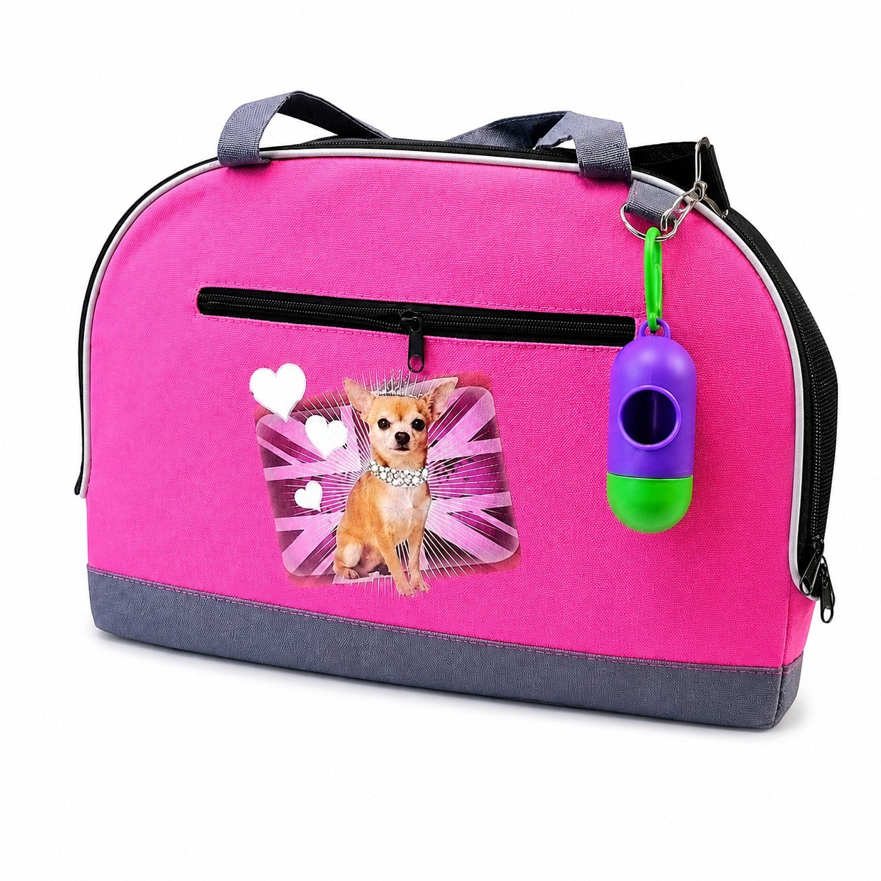 Tap2Own pink pet carrier bag with chihuahua graphic, Union Jack, hearts, zippered pocket, and waste bag dispenser.