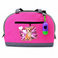Tap2Own pink pet carrier bag with chihuahua graphic, crown, and Union Jack design. Features zippered pocket and waste bag dispenser.
