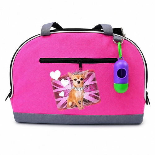 Tap2Own pink pet carrier bag with chihuahua graphic, crown, and Union Jack design. Features zippered pocket and waste bag dispenser.