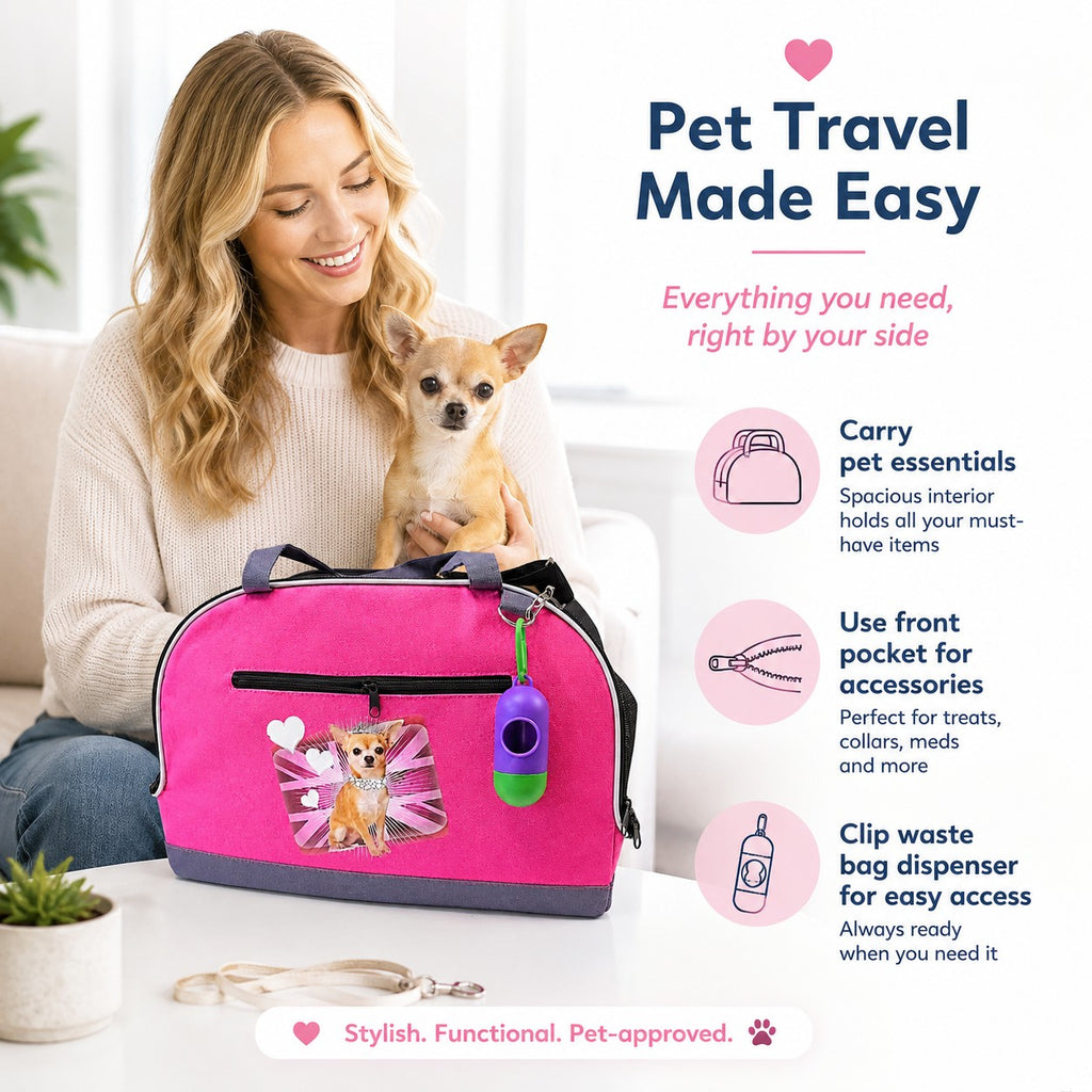 Tap2Own pink pet carrier bag with chihuahua graphic, front pocket, and waste bag dispenser. A woman holds a chihuahua.