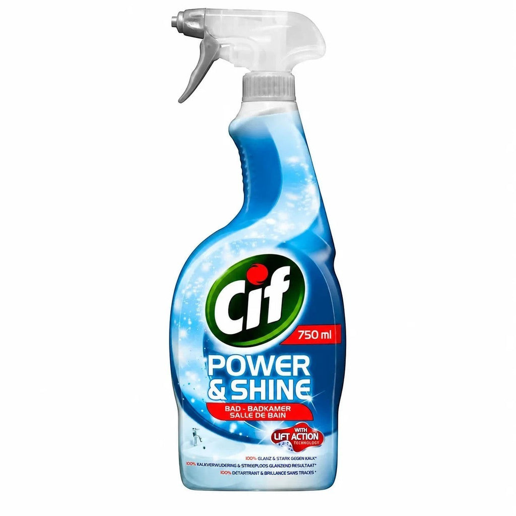 Tap2Own Cif Power & Shine bathroom cleaning spray in a 750ml blue ergonomic bottle for removing limescale.