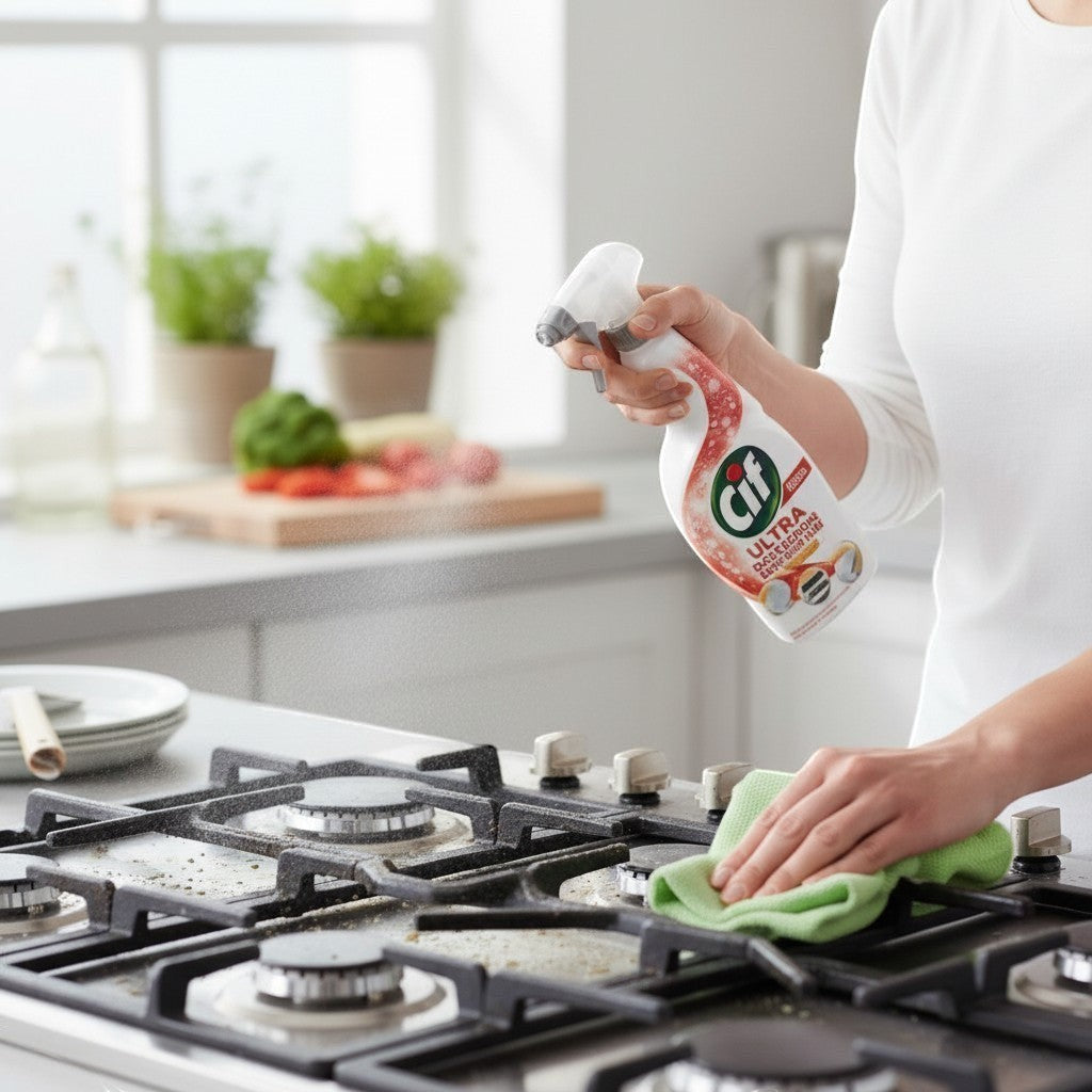 Tap2Own Cif Power and Shine kitchen degreaser spray being used to clean a stovetop with a green cloth
