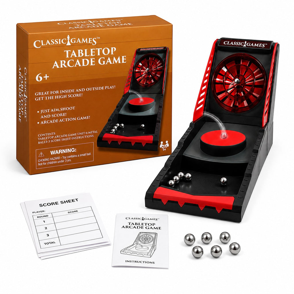 Tap2Own Classic Games tabletop arcade game in black and red with metal balls and score sheet. Aim, shoot, and score for high-score fun.