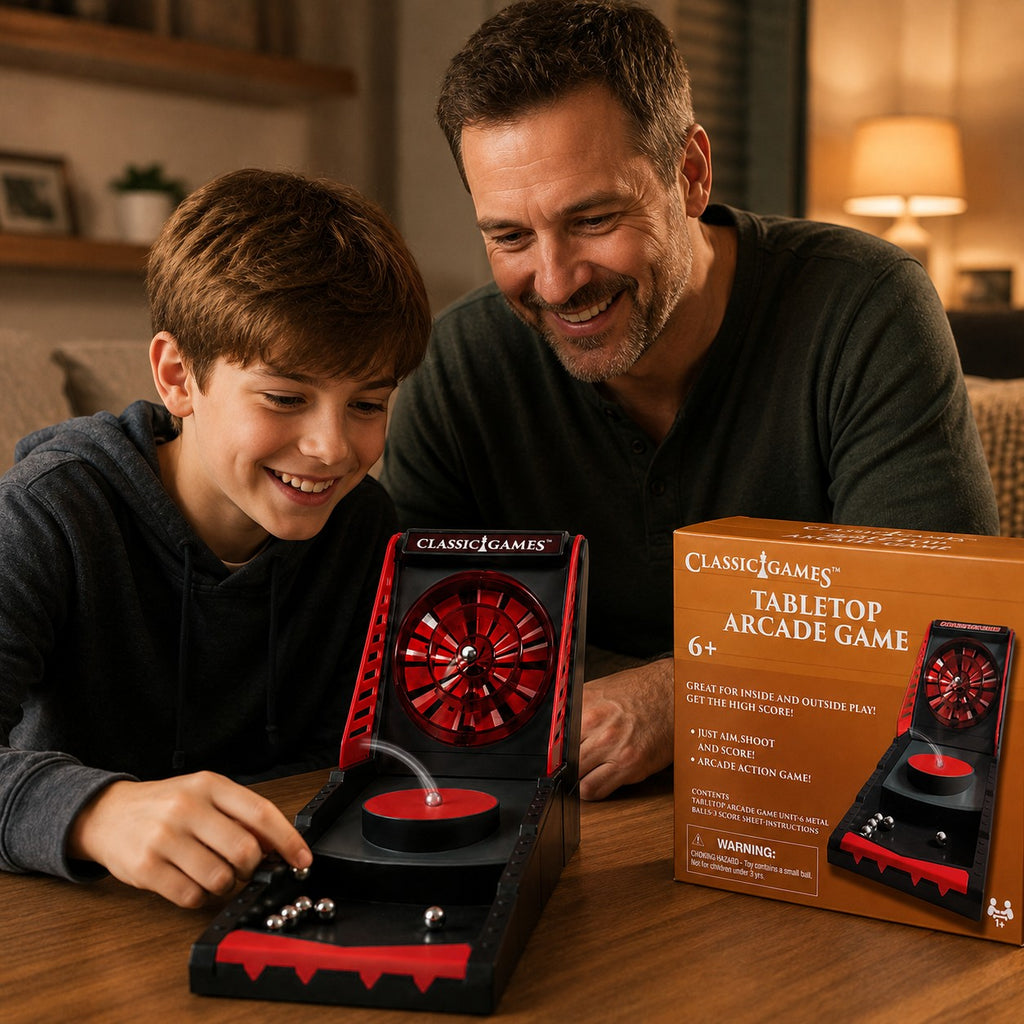 Tap2Own Classic Games tabletop arcade game with red spinning wheel and metal balls, played by a father and son.