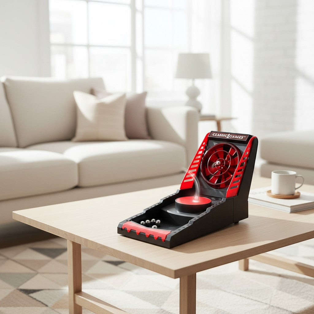 Tap2Own Classic Games tabletop arcade game with red and black plastic, featuring a spinning target and metal balls.