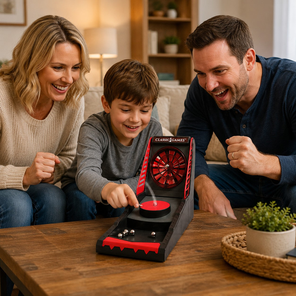 Tap2Own Classic Games tabletop arcade game with a boy playing with his parents, featuring red and black plastic construction and metal balls.