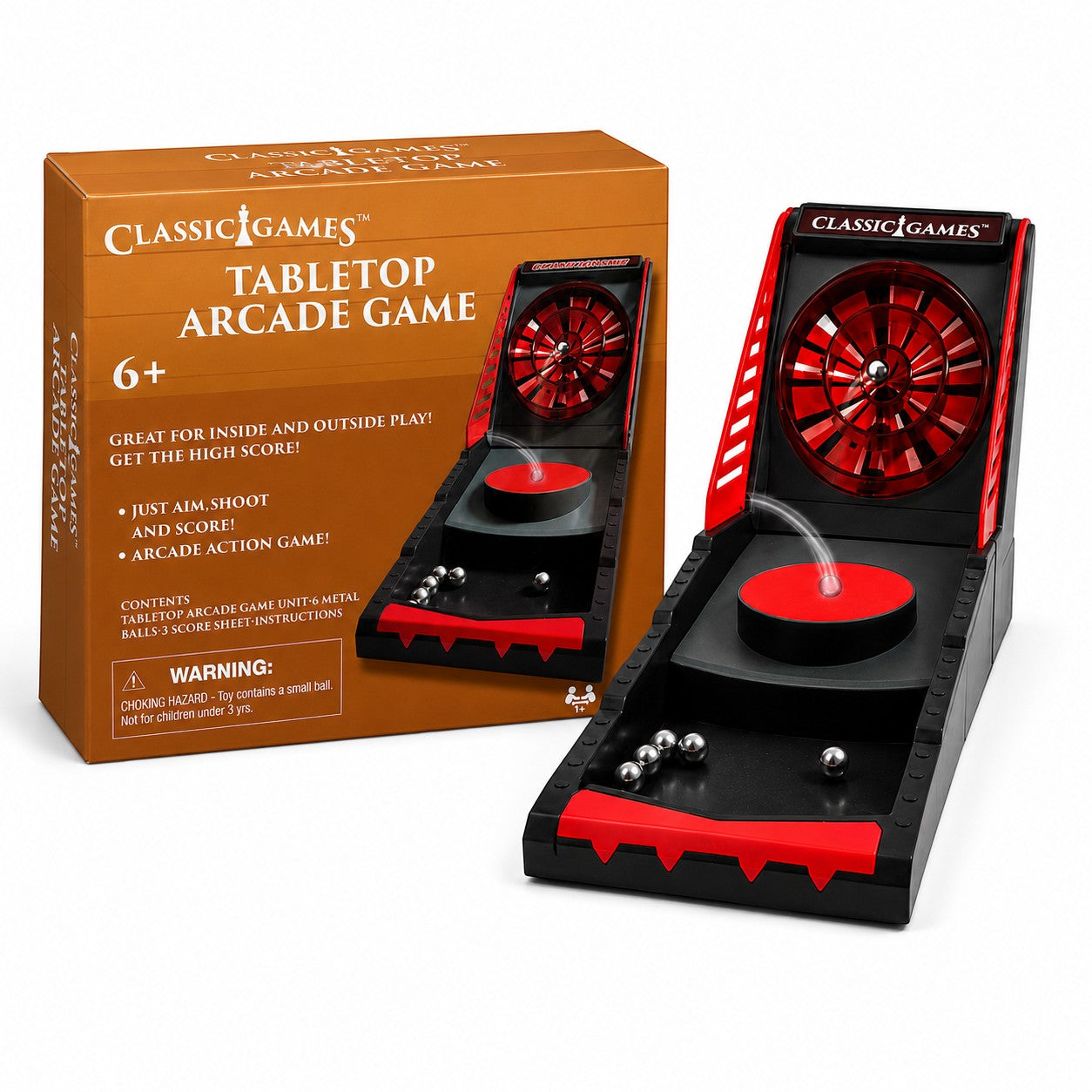 Tap2Own Classic Games tabletop arcade game in black and red with metal balls. Features a spinning target and ramp for gameplay.