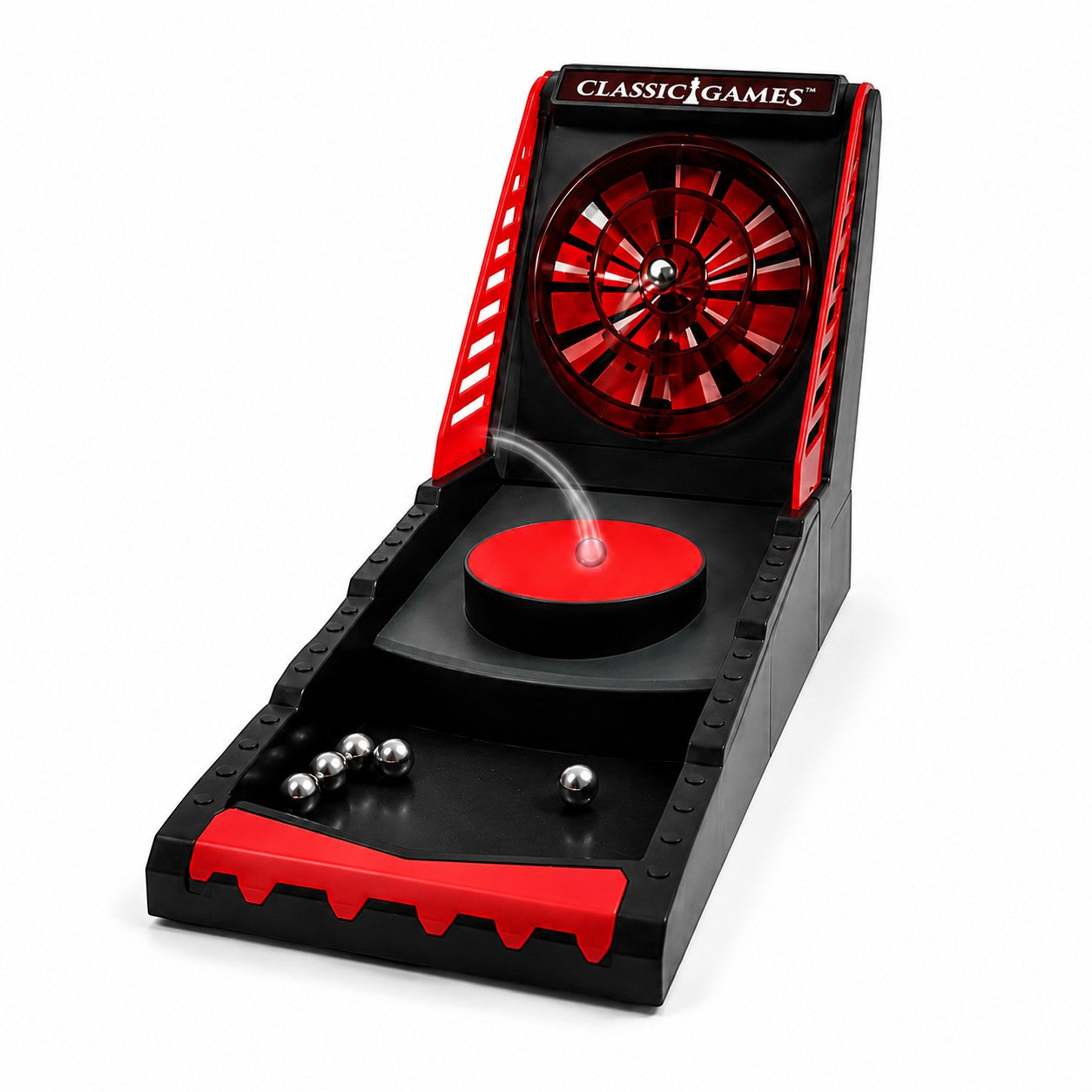 Tap2Own Classic Games tabletop arcade game with red and black plastic construction, featuring a spinning target and metal balls.