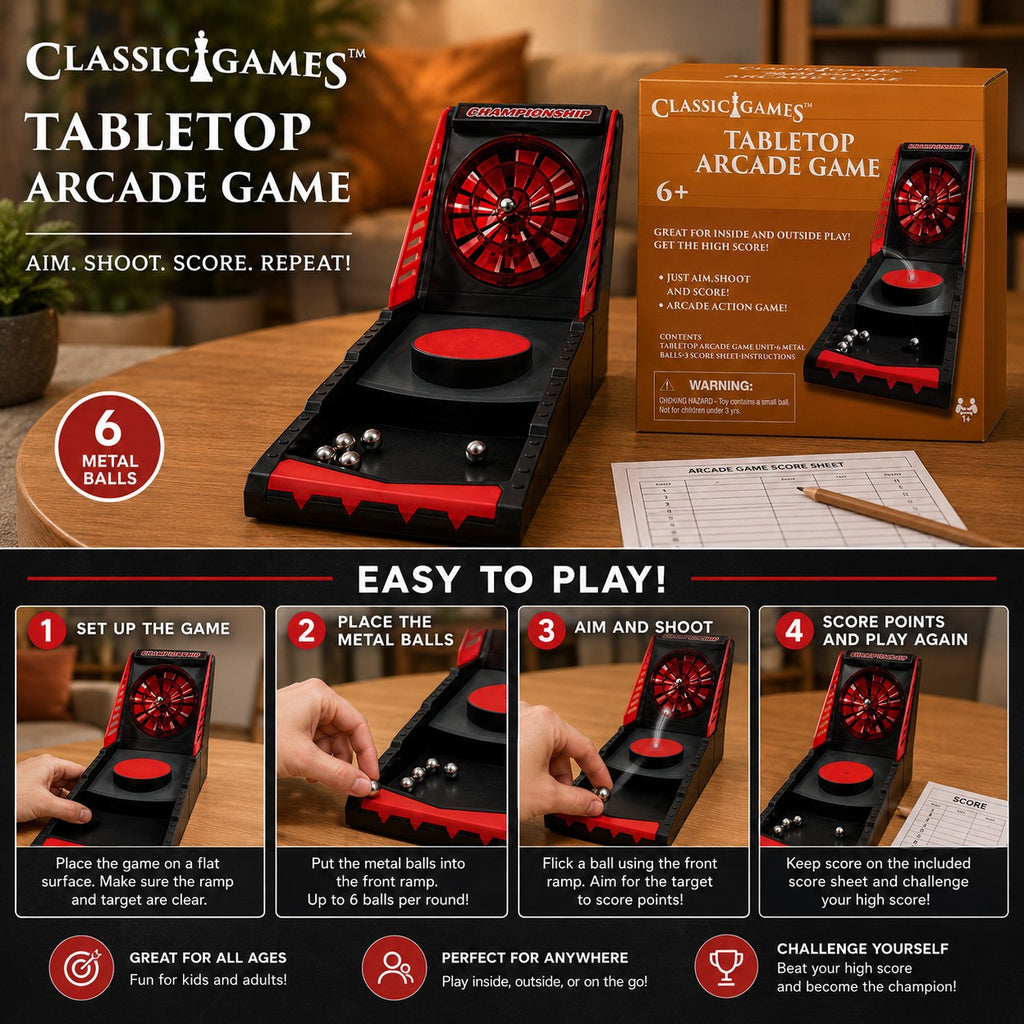 Tap2Own Classic Games tabletop arcade game with red and black plastic, includes 6 metal balls and score sheet.