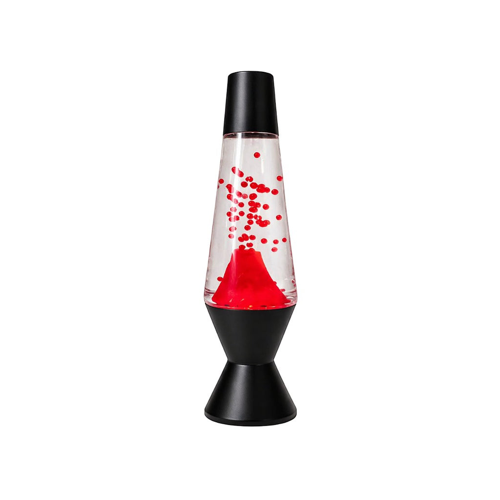 Tap2Own classic red lava lamp with black base and cap, featuring mesmerizing red blobs rising in clear liquid.