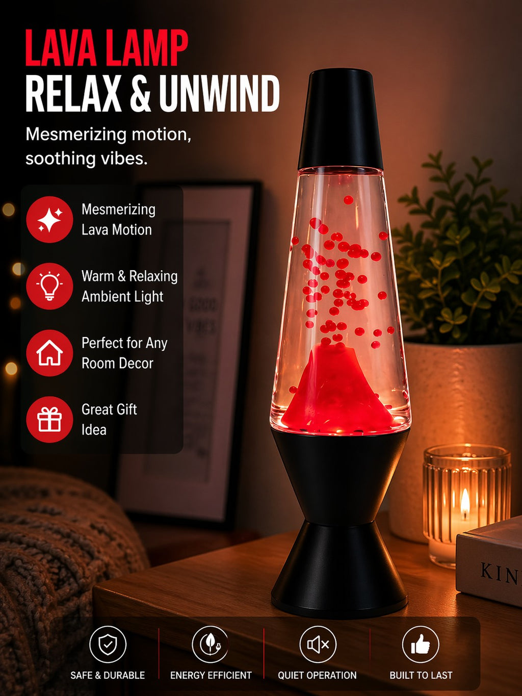 Tap2Own classic red lava lamp with black base and cap, featuring mesmerizing motion and warm ambient light for relaxation.