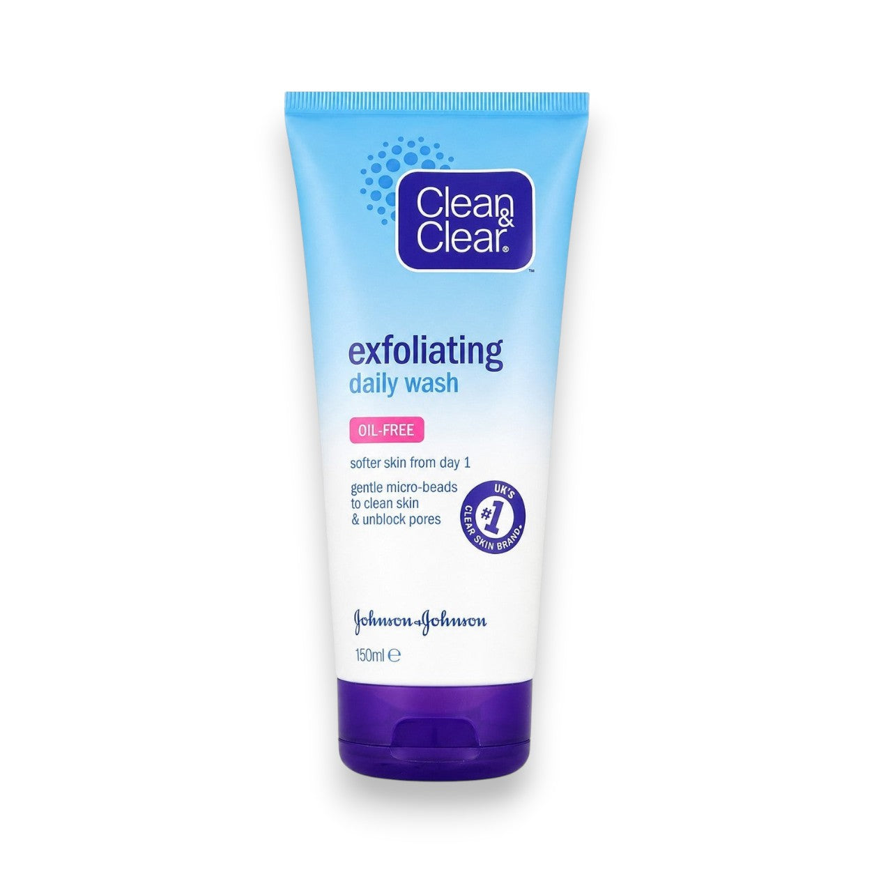 Tap2Own Clean & Clear exfoliating daily wash facial cleanser in a 150ml blue and white tube with micro-beads.