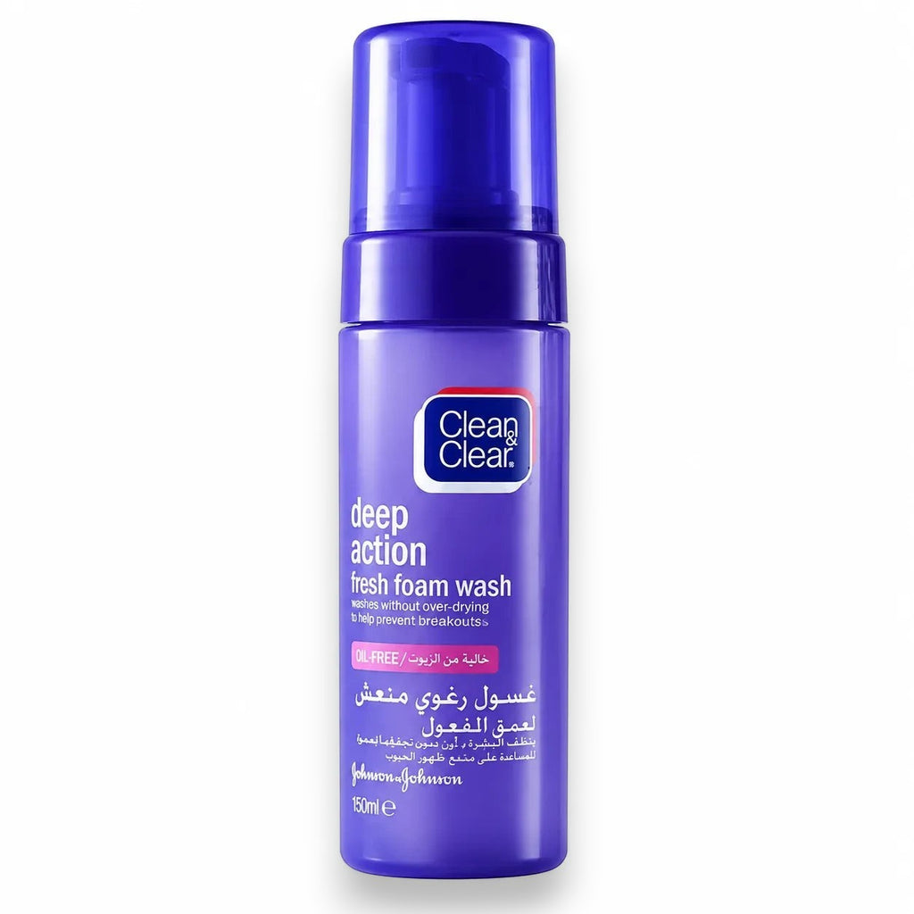 Tap2Own Clean & Clear Deep Action Fresh Foam facial cleanser in a 150ml purple pump bottle for acne-prone skin.