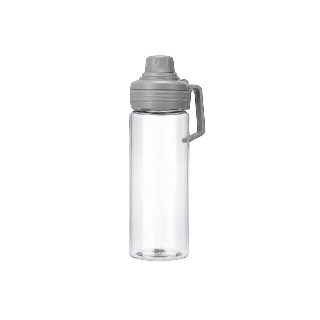 Tap2Own clear BPA-free plastic water bottle with grey leak-proof lid and handle. 1.3L capacity.
