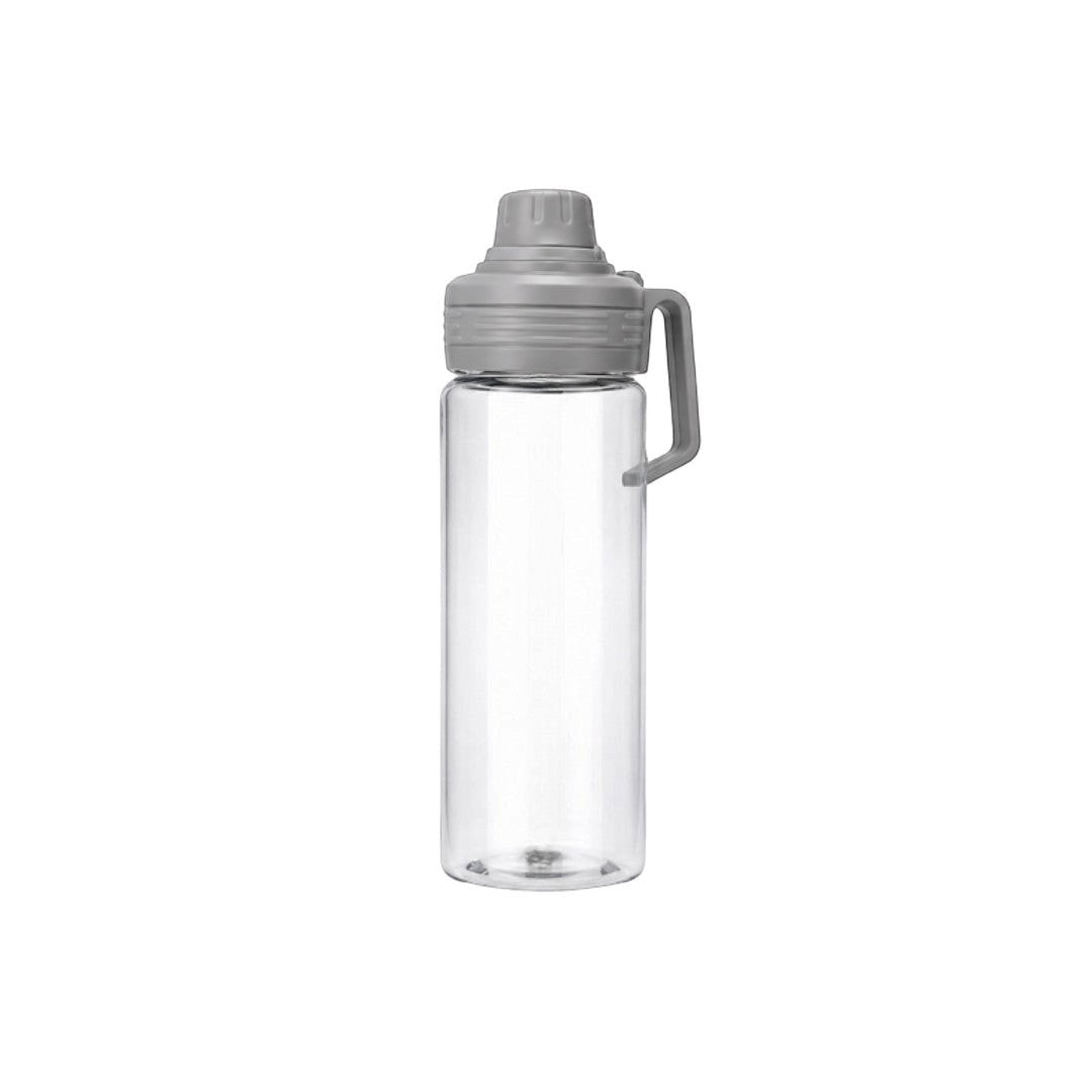 Tap2Own clear BPA-free plastic water bottle with grey leak-proof lid and handle. 1.3L capacity.