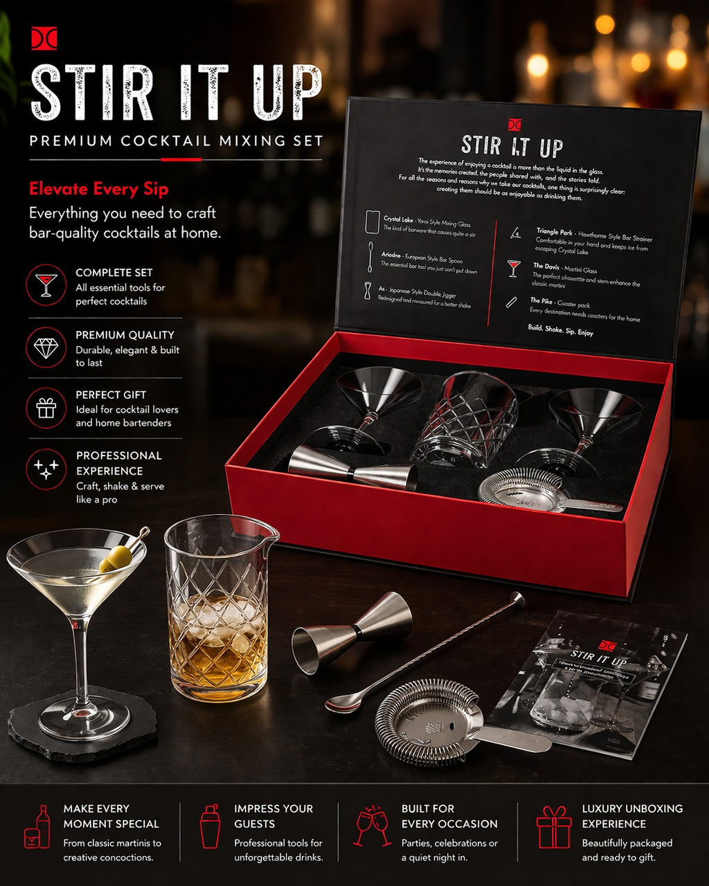Tap2Own premium cocktail mixing set with crystal glasses, jigger, bar spoon, and strainer. Includes mixing glass and martini glass.