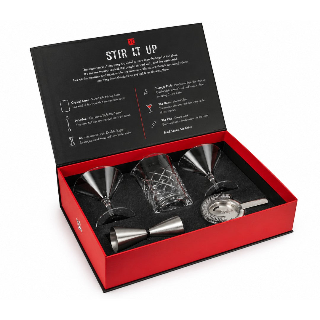 Tap2Own premium cocktail mixing set with crystal glasses, mixing jug, jigger, bar spoon, and strainer.