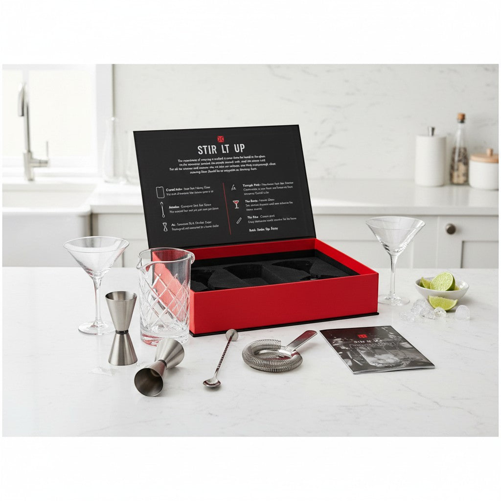 Tap2Own premium cocktail mixing set with crystal martini glasses, jigger, bar spoon, strainer, and recipe booklet.